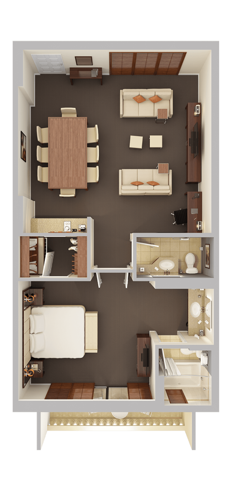 3D top-down view of a luxury apartment floor plan